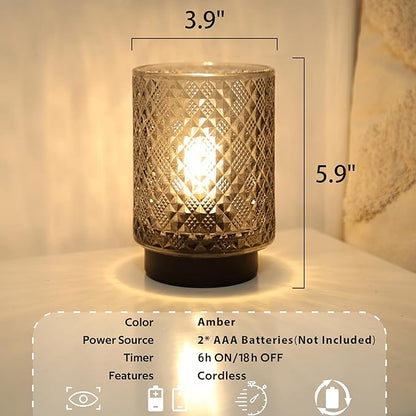 Battery Operated Lamp with Timer, Decorative Small Table Lamp, Glass Cordless Lamps Bedside Lamp for Living Room, Office, Bedroom, Entryway Diamond Design-Grey