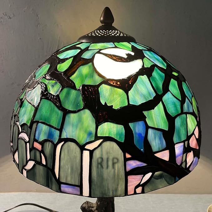 Bieye L10971 Tiffany-Style Stained Glass Table Lamp - Gothic Graveyard Scene with Bats, Full Moon, and Tombstone Design (Dark Green, 12Wx21H inch)