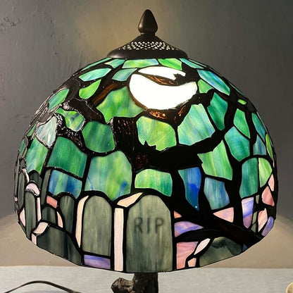 Bieye L10971 Tiffany-Style Stained Glass Table Lamp - Gothic Graveyard Scene with Bats, Full Moon, and Tombstone Design (Dark Green, 12Wx21H inch)