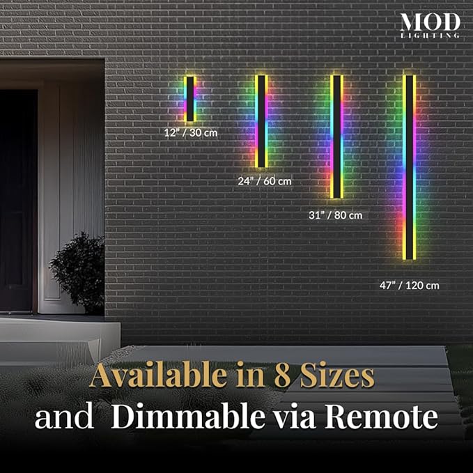 𝗠𝗢𝗗 𝗟𝗜𝗚𝗛𝗧𝗜𝗡𝗚 Haylen RGB | Long Outdoor Wall Lights, 7 Colors and 358 Light Effects, Dimmable with Remote Modern Linear Exterior Light Fixture, Waterproof Wall Sconce 45W, 2-Pack (RGB |12")