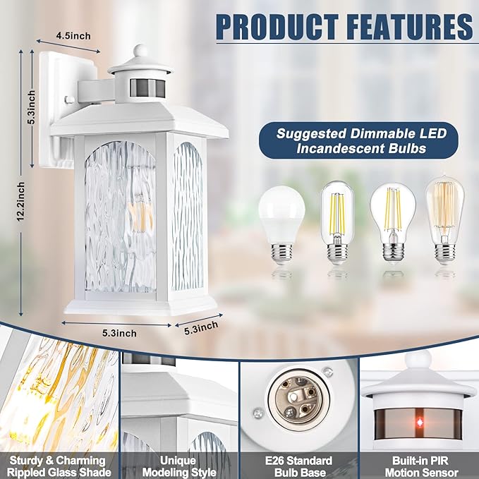 Motion Sensor Outdoor Wall Sconce, White Dusk to Dawn Motion Sensor Lighting, Smart & Waterproof Wall Lights & Exterior Light Fixture, Porch Lights with Rippled Glass for Garage House