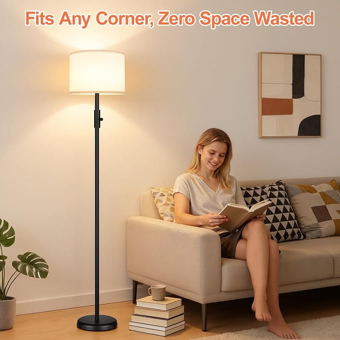 【Upgraded】 Dimmable Floor Lamp for Living Room, 1000 Lumens LED Bulb Included, Modern Floor Lamps Simple Design with Linen Shade, Tall Standing Lamp for Bedroom Office Dining Room, Black Pole Lamp