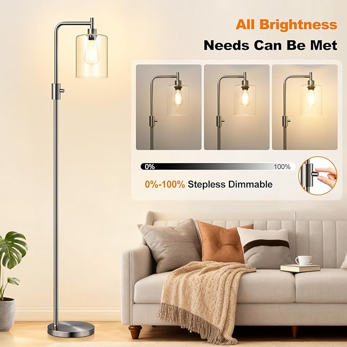【Upgraded】Dimmable Floor Lamp for Living Room with Glass Lampshade, Brushed Nickel Modern Floor Lamp with 900LM LED Bulb Included, Bright Standing Tall Lamp for Bedroom, Office, Reading Room, Corner