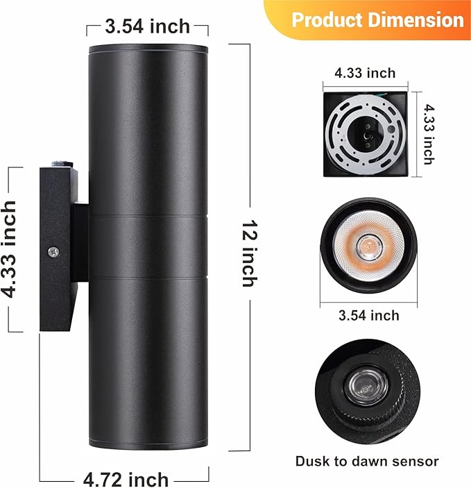 Dusk to Dawn Outdoor Lighting Sensor Wall Lights 2Pack, 12W 2700K Integrated LED Cylinder Up Down Lights Outdoor, IP65 Waterproof Aluminum Wall Sconce Exterior Wall Light for Porch Patio etc.