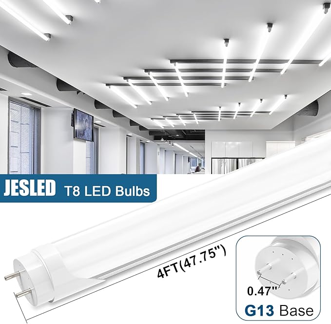 JESLED 4FT LED T8 Type A+B Tube Lights, 24W(65W Equiv.), 3200LM, 6000K, Single or Double End Powered, Plug and Play or Ballast Bypass, 4 Foot T10 T12 Fluorescent Bulbs Replacement, Frosted(12-Pack)