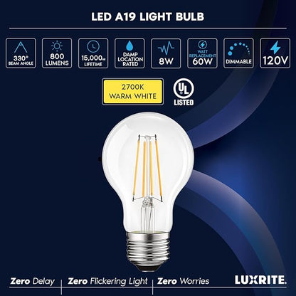 LUXRITE Vintage A19 LED Light Bulbs 60W Equivalent, 2700K Warm White Dimmable, 800 Lumens, Standard LED Edison Bulb 8W, UL Listed, E26 Base (6 Pack)