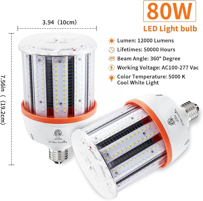 800W Equivalent Led Corn light bulbs , 12000 Lumen LED Corn Bulb 80W 5000K Daylight White Lamp,E26/E39 Medium Mogul Base,2-Pack Large Area Lights For Outdoor Indoor Warehouse Garage High Bay Lighting
