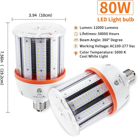 800W Equivalent Led Corn light bulbs , 12000 Lumen LED Corn Bulb 80W 5000K Daylight White Lamp,E26/E39 Medium Mogul Base,2-Pack Large Area Lights For Outdoor Indoor Warehouse Garage High Bay Lighting