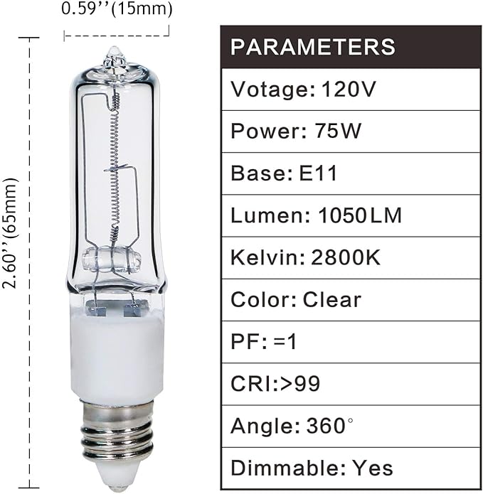 GMY JDE11 120V 75W E11 Bulb, Mini Candelabra Base T4 JDE11 Bulb, 2800K Clear Dimmable 75 Watt Halogen Light Bulbs for Ceiling fan light bulbs Replace E11 Led Bulb, Specialty Directional Light, 4Pack