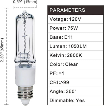 GMY JDE11 120V 75W E11 Bulb, Mini Candelabra Base T4 JDE11 Bulb, 2800K Clear Dimmable 75 Watt Halogen Light Bulbs for Ceiling fan light bulbs Replace E11 Led Bulb, Specialty Directional Light, 4Pack