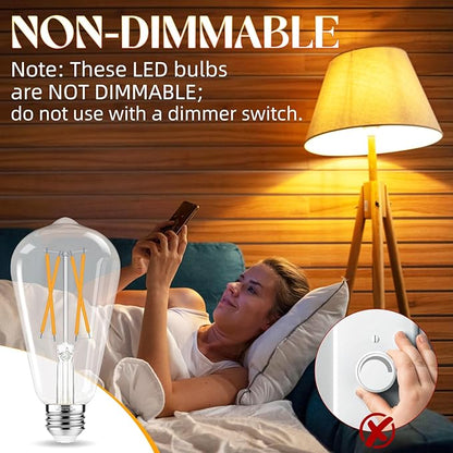 LED Edison Bulbs, E26 Bulb 60 watt Equivalent, Non-Dimmable, Soft White 2700K, ST58 Vintage Light Bulbs, 90+ CRI, 6W 600LM, E26 Medium Base, Clear Glass, 6 Pack