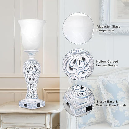 20" Table Lamp with 2 USB Ports, Vintage Bedside Lamp for Bedroom, 3-Way Dimmable Desk Lamp with Glass Shade, Rustic Farmhouse Nightstand Light for Living Room Entryway or Office, LED Bulb Included