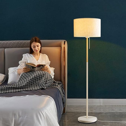Bedroom Floor Lamp Farmhouse Floor Lamps for Living Room Mid-Century Pole Lamp Linen Lamp Shade, Standing Tall Lamps for Bedrooms and Office (White)