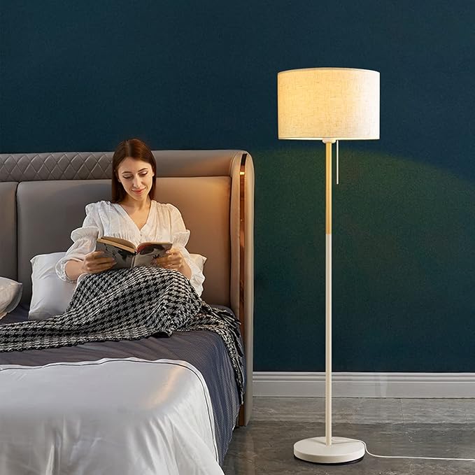 Bedroom Floor Lamp Farmhouse Floor Lamps for Living Room Mid-Century Pole Lamp Linen Lamp Shade, Standing Tall Lamps for Bedrooms and Office (White)