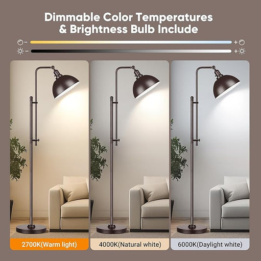 PARTPHONER Industrial Floor Lamp Adjustable, Rustic Farmhouse Reading Lamp in Aged Brown Finish Modern Standing Lamp with Remote Control Metal Shade for Living Room Bedroom Study Room Office Hotel