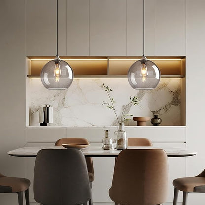 Light Grey Glass Pendant Lights Kitchen Island Globe Pendant Light Fixtures Modern Pendant Lighting for Bedroom Living Dining Room Light Fixture (9.84 in, 2 Pack)