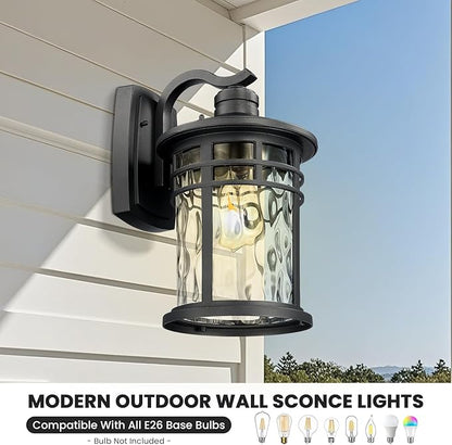 Exterior Lighting Fixture 12 Inch Outdoor Wall Lights Modern Porch Light with Water Ripple Glass Black Finish E26 Socket 2-Pack