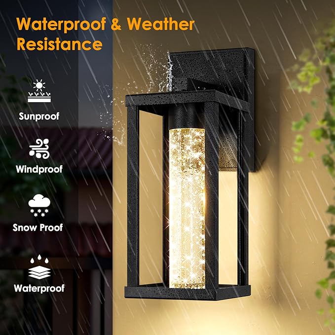 Brightever 2-Pack Outdoor Wall Lights Fixture, Exterior Waterproof 10W Matte Black Outdoor Wall Lanterns Sconces with Crystal Bubble Glass, Modern LED Outside Lights for House, Porch, Garage, Patio