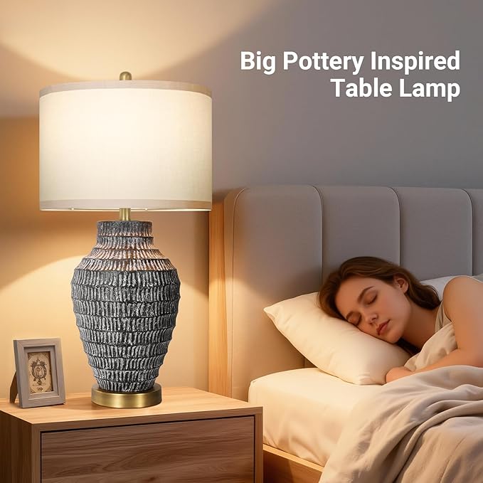 28”H Big Rustic Table Lamp with USB Charging Port for Bedroom Living Room, Black and Wash White Finish, 3 Color Temperature, Linen Shade, Rotary Switch Bedside Resin Lamp for Home Nightstand Decor