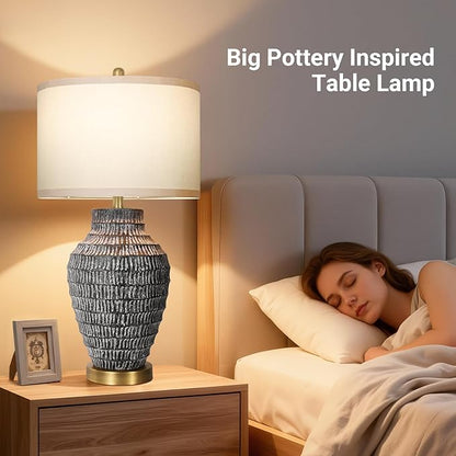 28”H Big Rustic Table Lamp with USB Charging Port for Bedroom Living Room, Black and Wash White Finish, 3 Color Temperature, Linen Shade, Rotary Switch Bedside Resin Lamp for Home Nightstand Decor