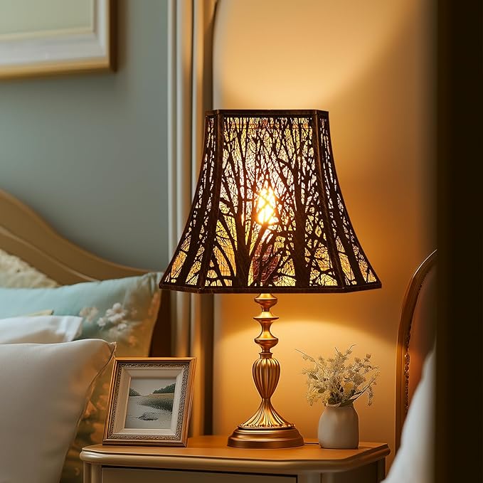 Metal Bell Lamp Shade, Large Lampshade (Spider Fitter) Square Cut Corner, Etched Forest Lamp Shades for Table Lamps and Floor Lamps, Bronze Gold Tree Pattern, 8" Top x 14" Bottom x 11" High