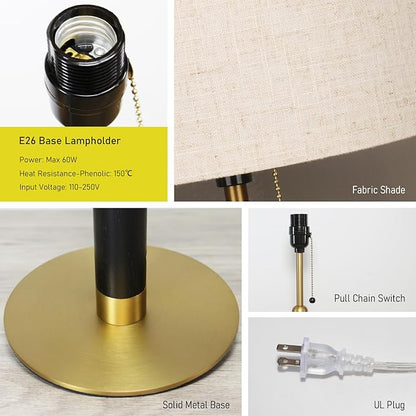 18.9" Bedside Table Lamp for Nightstand 3-Color Temperatures Living Room Lamp for Bedroom Wood Fabric Pull Chain Switch Small Desk Lamps Home Office End Table Room Decor (Light Brown+Brass)
