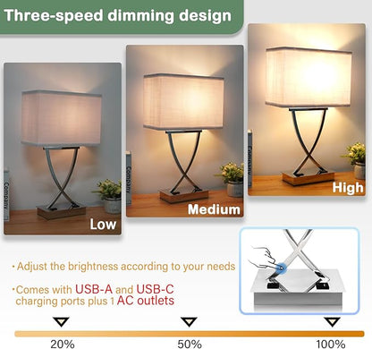21.38" Table Lamp for Bedroom Living Room 3-Way Dimmable Touch Control Medium Chrome Bedside lamp with USB A+C Ports，Nightstand Lamp with White Linen Shade Bulb Included (White-Chrome)