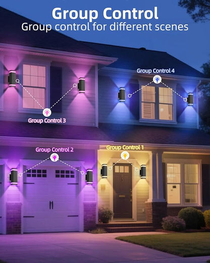 Smart Outdoor RGB Wall Lights 2 Pack, Wi-Fi & App Control Color Changing Up and Down Wall Sconce with Remote, Dusk to Dawn Waterproof Exterior Lighting Fixtures Works with Alexa, Google Assistant