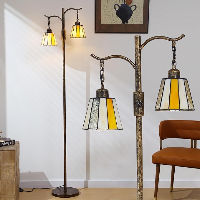 Vintage Dimmable Floor Lamp, Tiffany Standing Lamp with 2 Stained Glass Shades, Rustic Farmhouse Floor Lamp with Bronze Finish for Living Room Bedroom