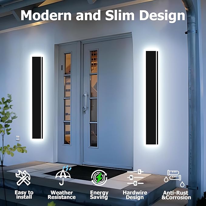 2pcs 31in Exterior Wall Lights,4.33in Wide Dimmable Modern Outdoor Wall Lights for Garage and Front Door,Linear Outdoor Wall Sconce IP65 Waterproof,Black LED Outdoor Long Light Fixture