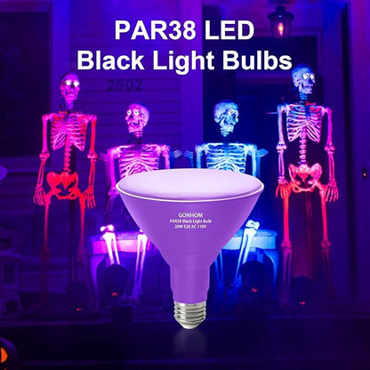 PAR38 Flood Lights Outdoor,Dimmable LED Flood Light Bulbs,20W(Equivalent to 200W),E26 Base,Outdoor Porch,Holiday Lighting,LED Flood Light Bulb for Halloween,Christmas,2 Pack Black Light