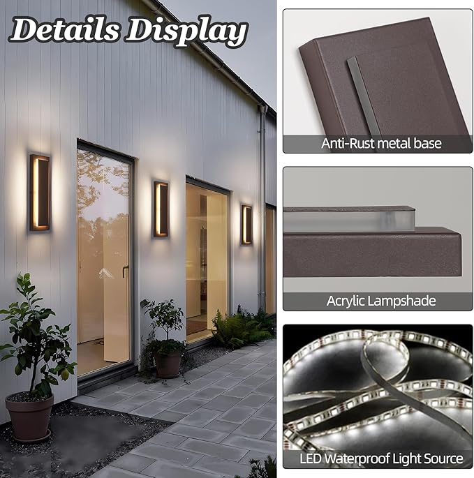 15.7 Inches Brown Modern Outdoor Wall Lights,Long Exterior Lighting Fixtures,Led Sconces Indoor,Long Wall Sconce,Porch Patio Front Door Wall Light Fixture,Waterproof 3000K 12W 1 Pack