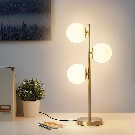 Mid-Century Modern 3 Globe Table Lamp with White Glass Shades - Gold LED Nightstand Light for Bedroom & Office