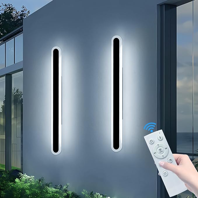 2 Pack 47.2inch Modern Outdoor Wall Sconce, Dimmable Oval Exterior LED Light Fixture 3000K-6000K, IP65 Waterproof, Black Strip Wall Mount Lighting for Balcony, Garden, Patio with Remote Control