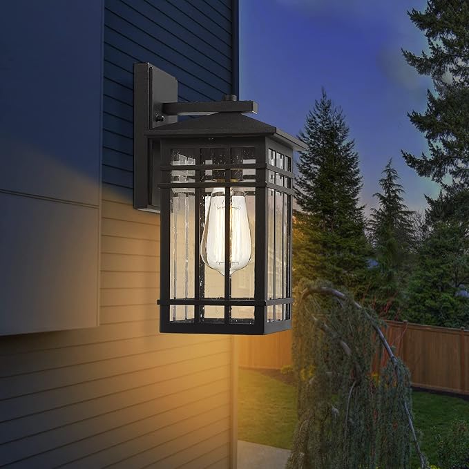 Outdoor Wall Lantern, Exterior Light Fixture Wall Mount, 1-Light Waterproof Outdoor Lighting Fixture with Seeded Glass for Porch, Garage, Patio, Hallway, Entryway, Black