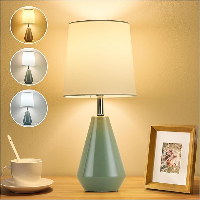Small Bedside Table Lamp for Bedroom-Reading Desk Lamp Set of 2,with 3 Color Temperatures,15.5" Nightstand Ceramic Lamp with Fabric Shade for Kids Room,Living Room,Dorm,Home Office (Green+White )