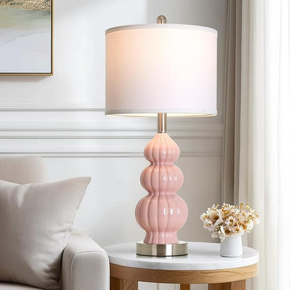 26.5" Pink Ceramic Table Lamps Set of 2, Modern Bedside Lamps for Girls Room, Triple Gourd Table Lamp for Living Room End Table or Bedroom Nightstand (2 LED Bulbs Included)