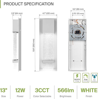 ASD LED 13" Bubble Glass Wall Light Fixture, Outdoor & Indoor Seeded Sconce | 3CCT, Waterproof, Dimmable, ETL Listed | 12W 500LM 3000-5000K 120V | Exterior Lantern, Porch Lighting | White