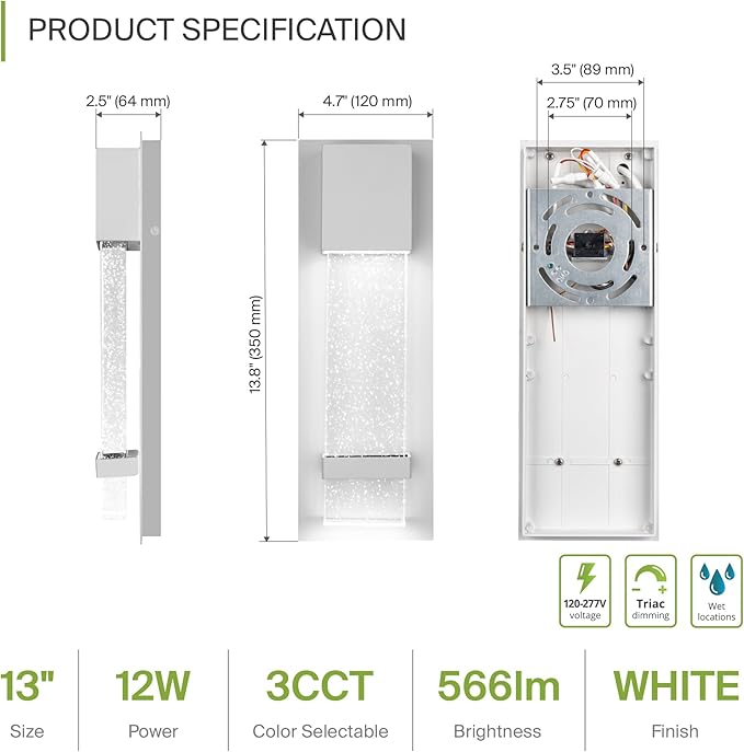 ASD LED 13" Bubble Glass Wall Light Fixture, Outdoor & Indoor Seeded Sconce | 3CCT, Waterproof, Dimmable, ETL Listed | 12W 500LM 3000-5000K 120V | Exterior Lantern, Porch Lighting | White, 2 Pack