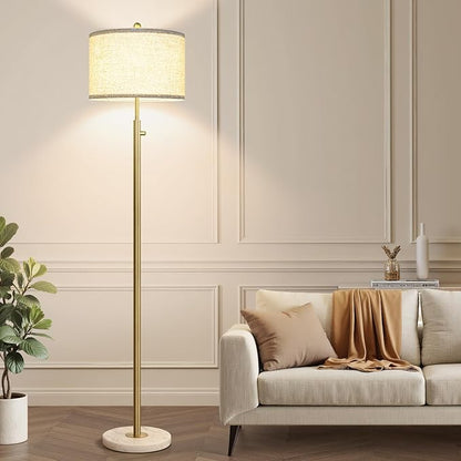 【Upgraded】 Dimmable Floor Lamp for Living Room, 11W LED Bulb Included, Modern Standing Lamp with Marble Base, Tall Pole Light with Linen Shade for Bedroom Reading Office Corner Nursery-Brass Gold