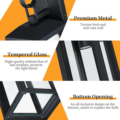 Dusk to Dawn Large Exterior Wall Lights 2-Pack, 17" Waterproof Outdoor Wall Porch Lights Sconces with Tempered Glass, Black Exterior Lighting Fixtures for Garage House, Bulb Not Included