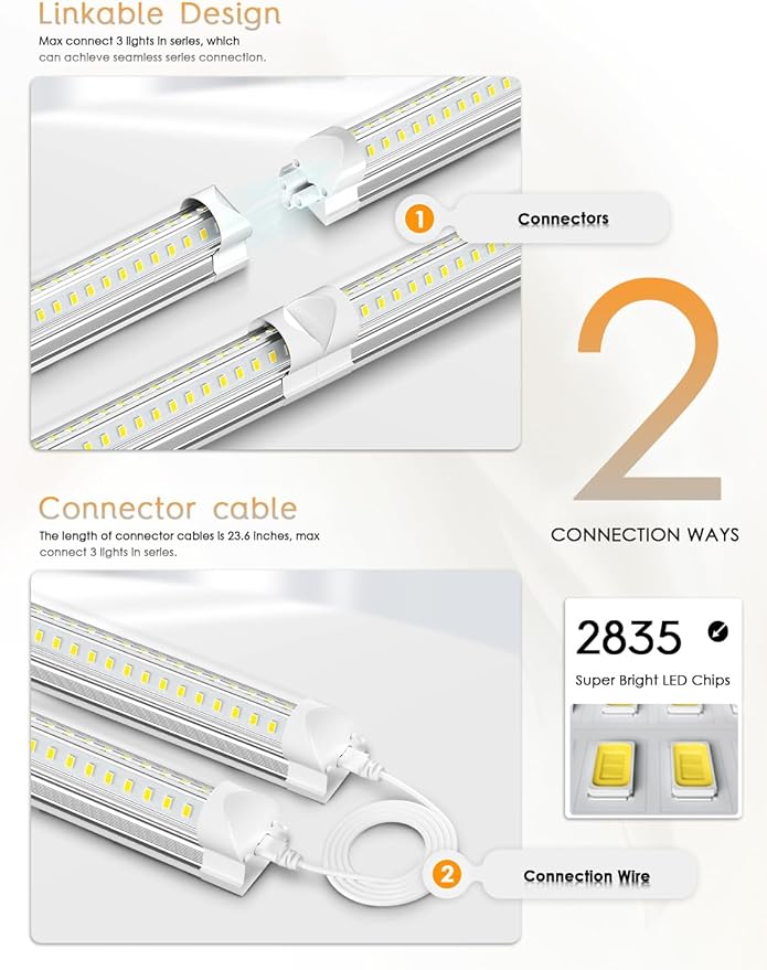 8ft LED Shop Light - 90W 12000lm 5000K, 8 Foot LED Shop Light Fixture, V Shape Bulbs for Garage, Workshop, Warehouse, Plug and Play, Energy Efficient (10 Pack)