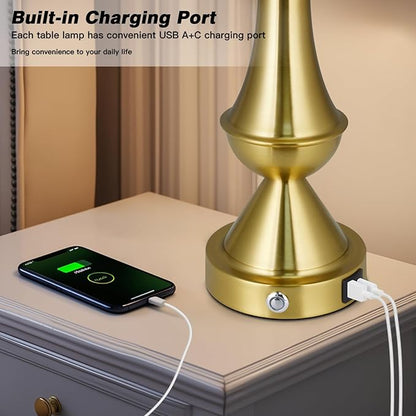 29" Tall Gold Table Lamps Set of 2 for Living Room, Touch Control Bedroom Lamps for Nightstand, 3-Way Dimmable Bedside Lamp with USB A+C Port &AC Outlets(2 LED Bulbs Included)