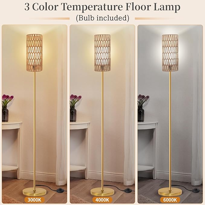 Floor Lamp for Living Room,Farmhouse Floor lamp,Modern Standing lamp with Hand-Worked Rattan Shade (Round Rattan Shade Gold Color-3 Color Bulb)