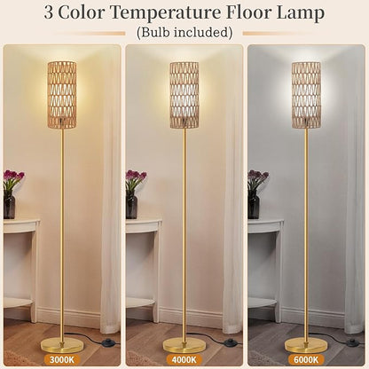 Floor Lamp for Living Room,Farmhouse Floor lamp,Modern Standing lamp with Hand-Worked Rattan Shade (Round Rattan Shade Gold Color-3 Color Bulb)