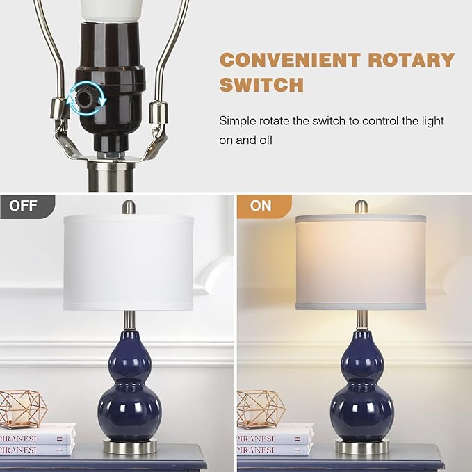 Double Gourd Ceramic Table Lamps Set of 2, Modern Navy Blue Bedside Lamps for Night Stand, Contemporary Nightstand Lamps for Bedroom Living Room (Bulb Included)