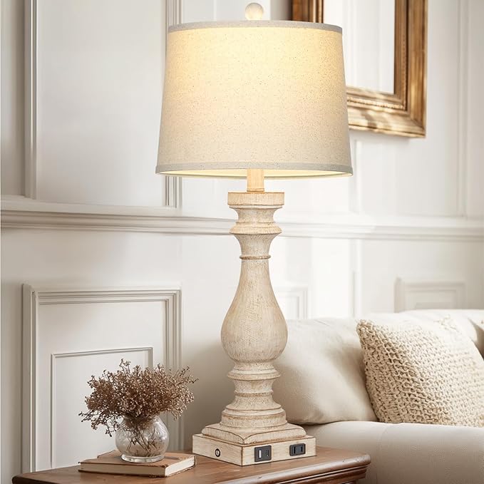 29" Farmhouse Table Lamp for Living Room Set of 2,Vintage Bedside Lamps with USB C+A Ports & AC Outlet,3-Way Dimmable Touch Control White Washed Finish Nightstand Lamp for Bedroom,Beige