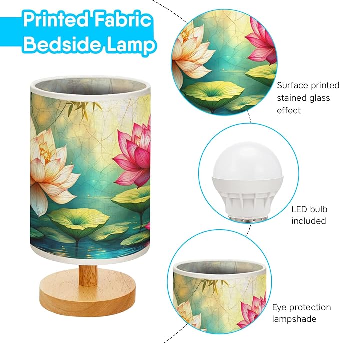 Lotus Table Lamp LED 3-Color Pressed Bedside, Lotus Shade Lamp with Wood Base for Bedroom Living Room Desk Office