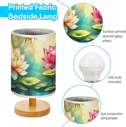 Lotus Table Lamp LED 3-Color Pressed Bedside, Lotus Shade Lamp with Wood Base for Bedroom Living Room Desk Office