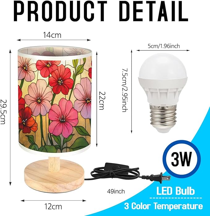 Geranium Table Lamp LED 3-Color Pressed Bedside, Geranium Shade Lamp with Wood Base for Bedroom Living Room Desk Office